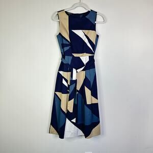 Lafayette 148 Abstract Cotten Blend Belted Midi Dress Pockets Women’s Size 0